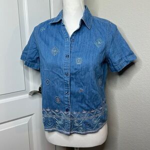 Vintage Denim Chambray Embroidery Button Down Collared Shirt size PP Napa Valley